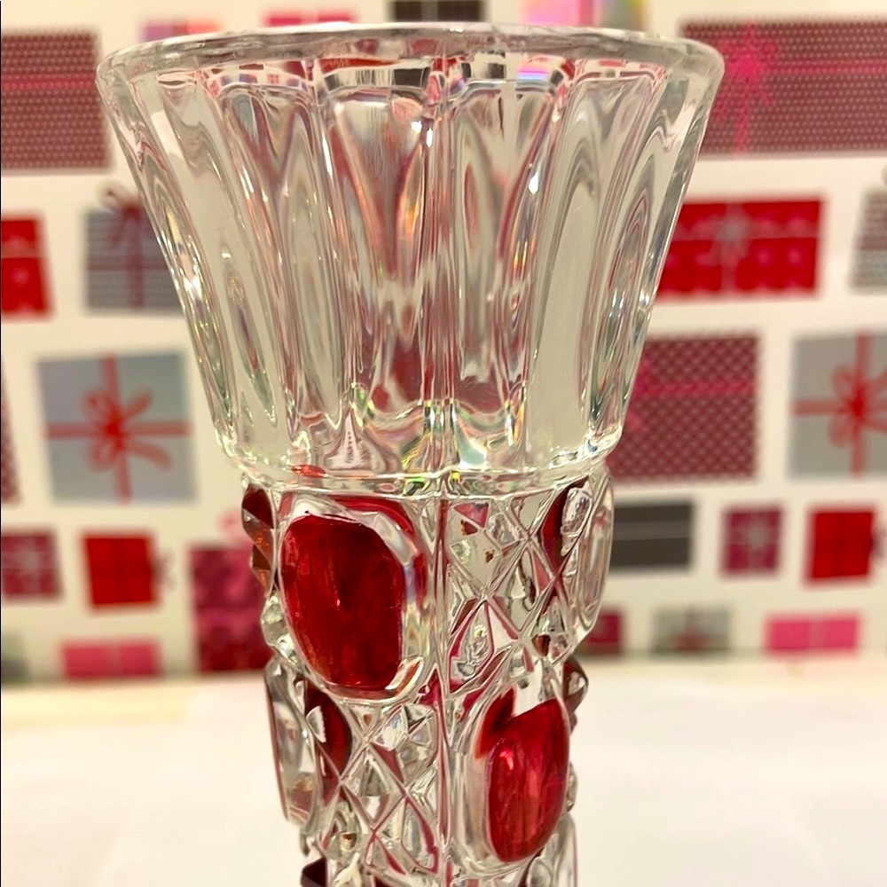Vintage (1950) Anna Hutte Elegant Lead Crystal Vase with Red Accents